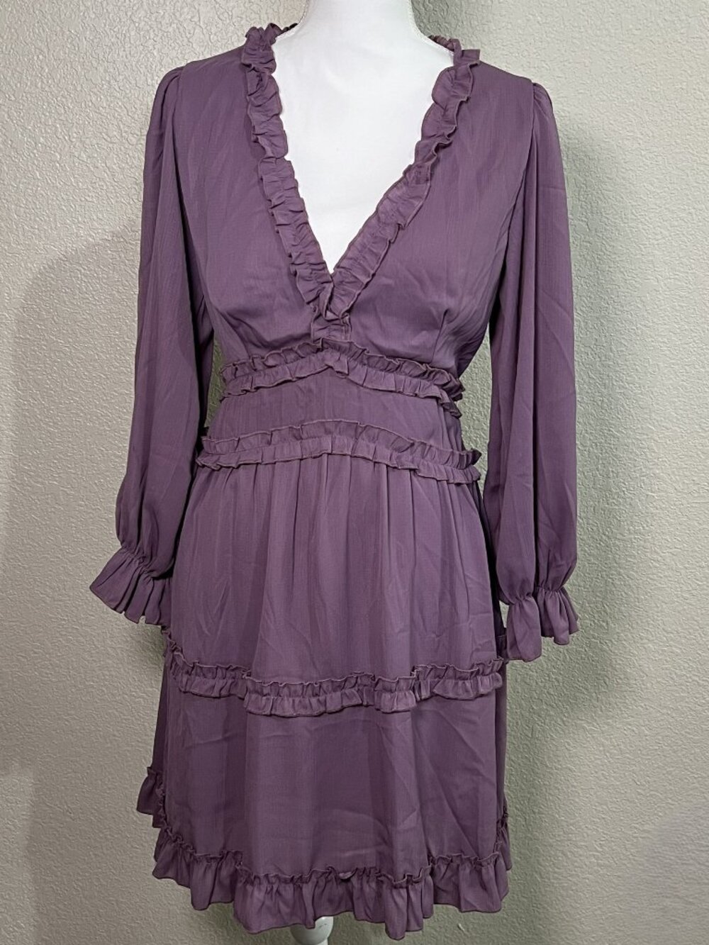 DOKOTOO Lilac Midi Party Dress Ruffle Trim Open Back Long Sleeve Size Large
